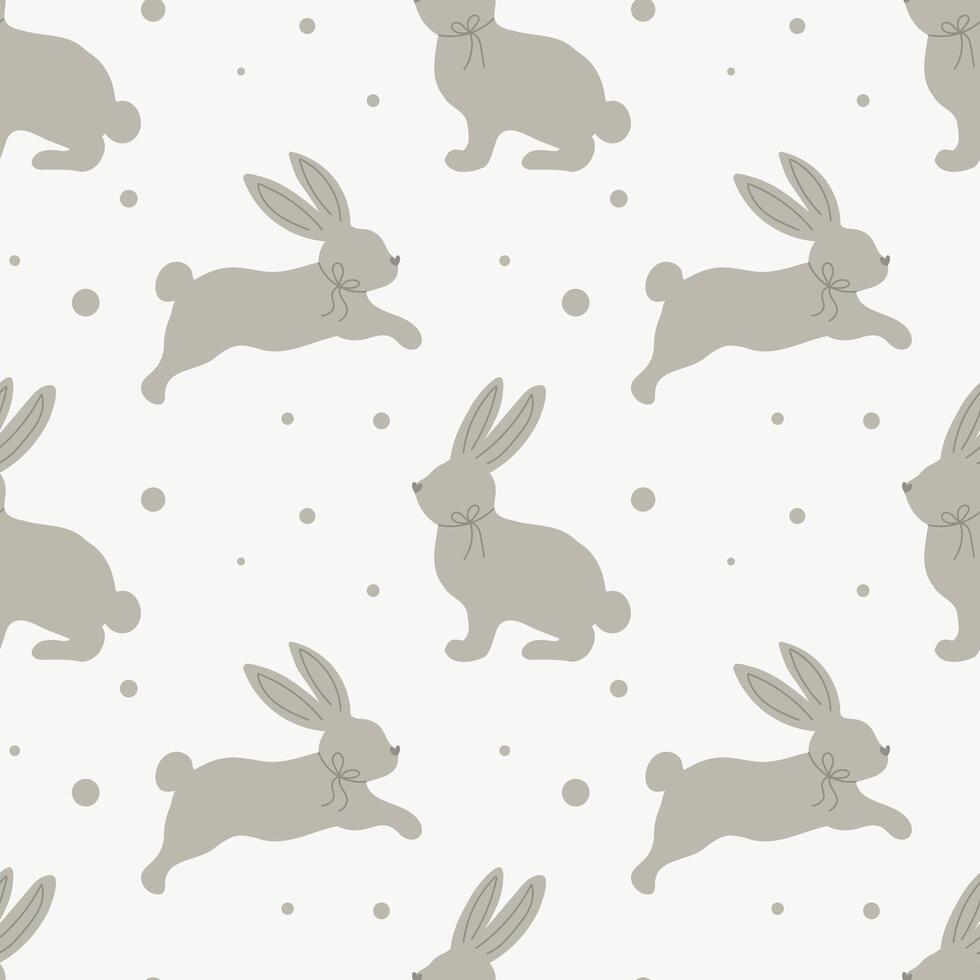 Seamless pattern with cute bunnies on a pastel background with dots. Children's print, children's bedroom design. Vector