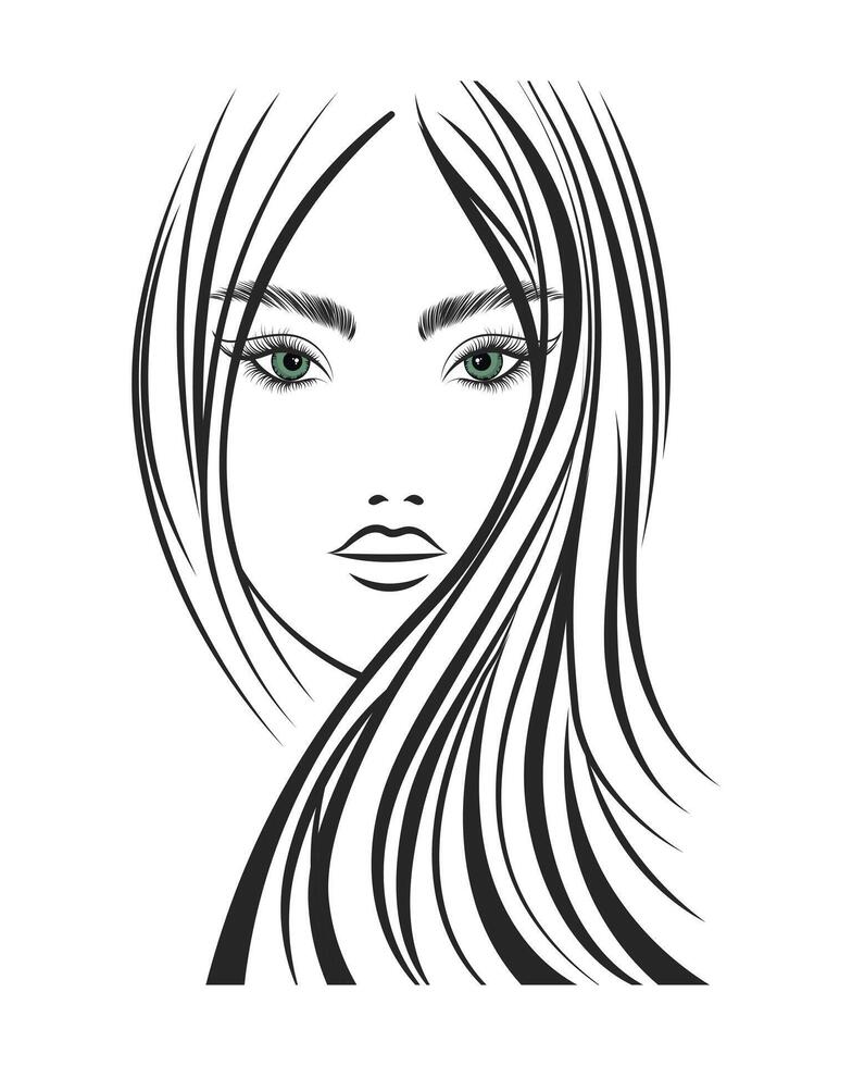 retrato de un hermosa mujer con largo cabello. negro y blanco silueta. belleza logo. Moda y belleza concepto. vector