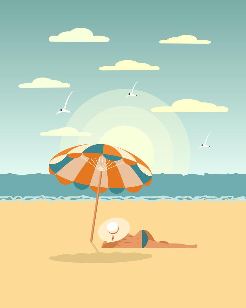 marina, joven mujer en un bikini debajo un paraguas en el mar playa. verano ilustración, vector