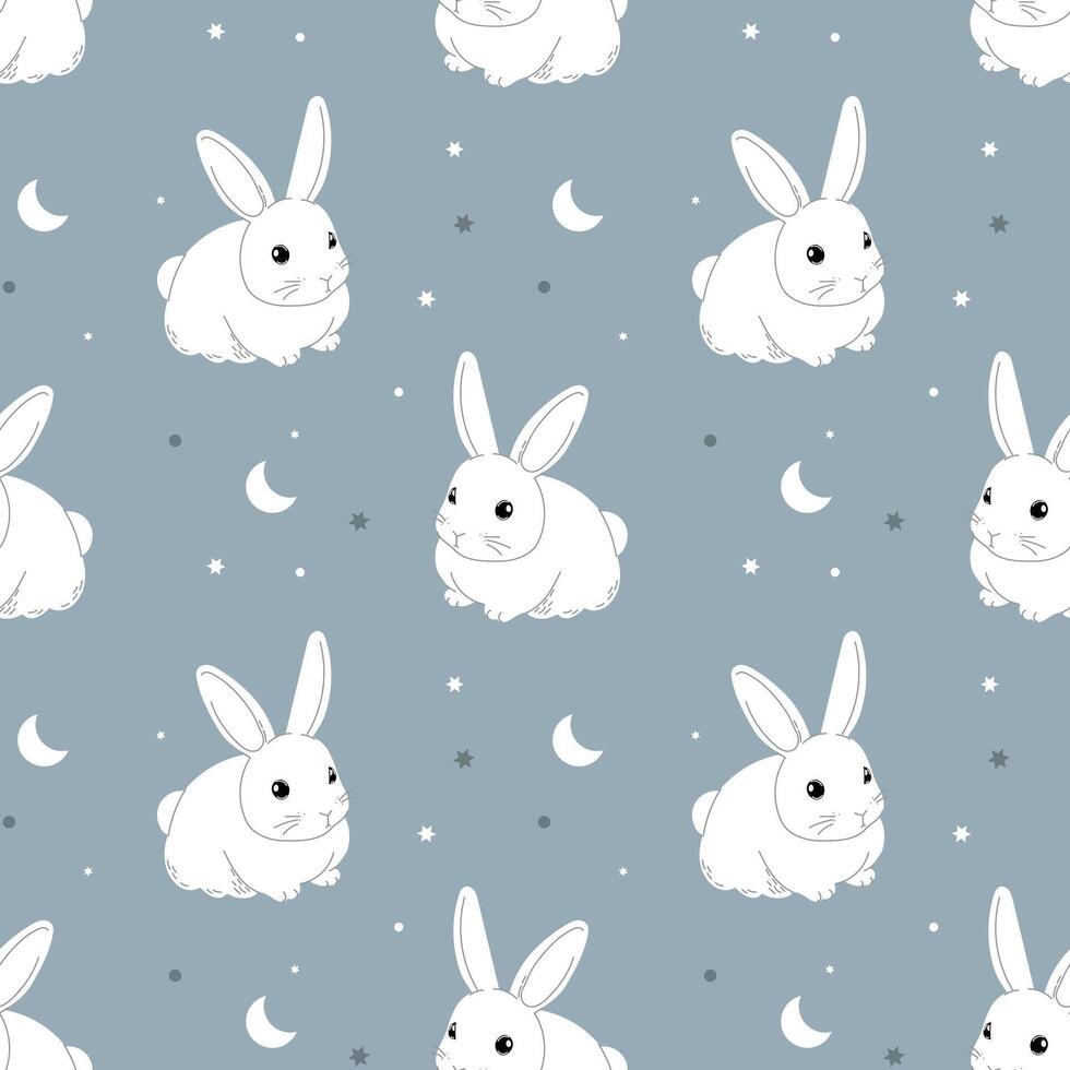 Seamless pattern with cute white bunnies on a pastel background with stars. Baby print, design for Nursery bedroom. Vector