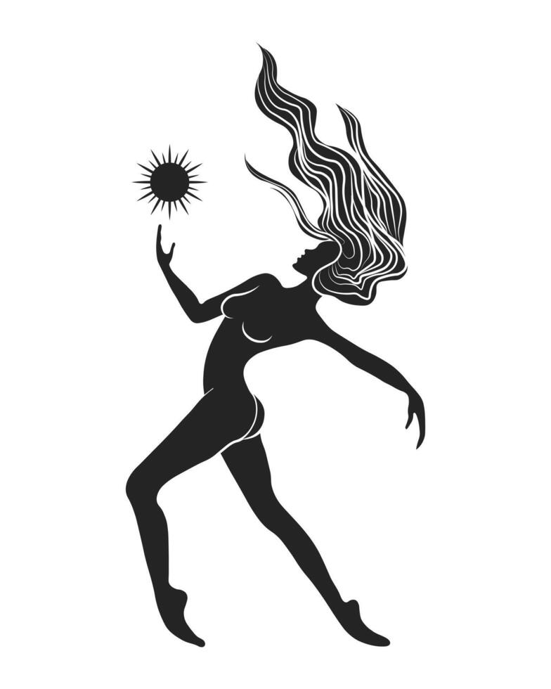 Silhouette of a naked woman with a symbol of the sun on a white background, mystical poster. Wall art, wall decor. Vector