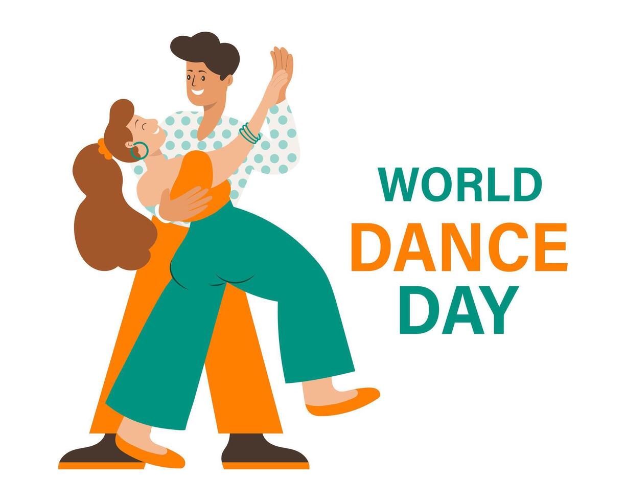 mundo danza día. bailando pareja, hombre y mujer danza moderno bailar. ilustración, vector