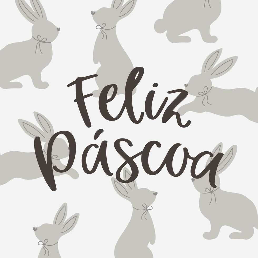 Happy Easter lettering in Portuguese on a background with bunnies. Calligraphic inscription. Postcard, logo, typographic design, print. Vector