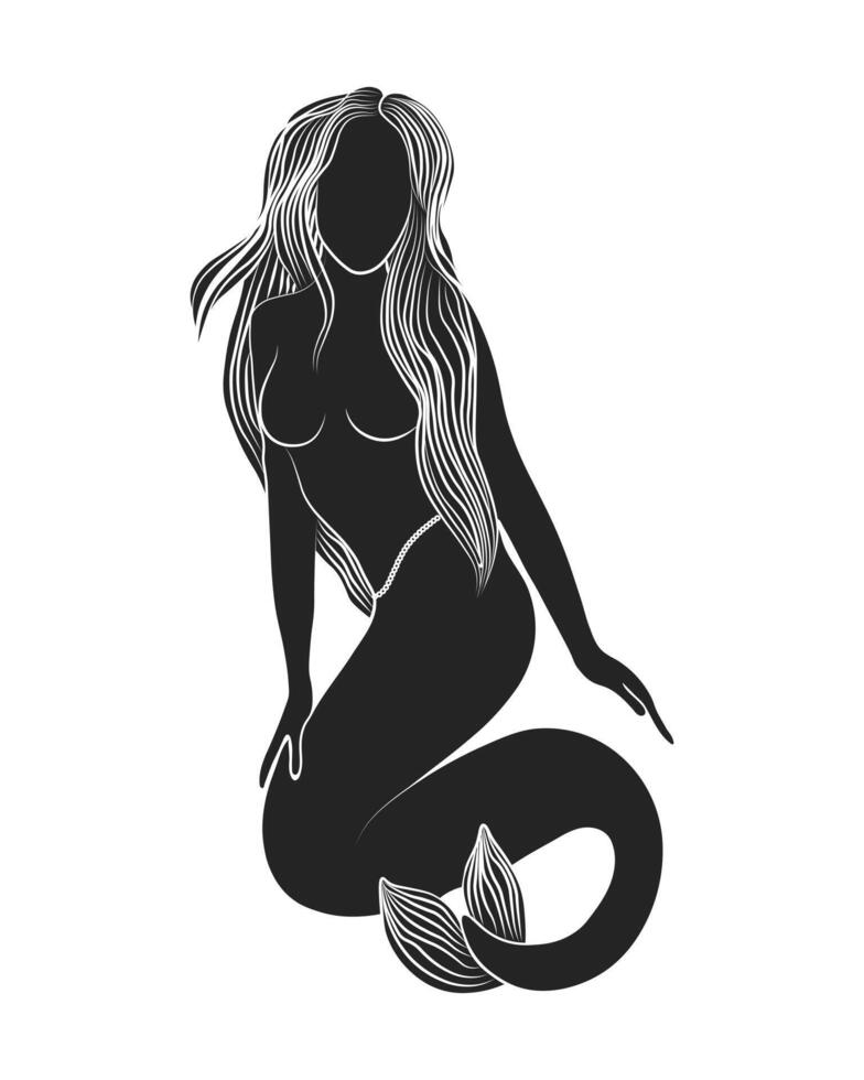 Silhouette of a naked mermaid woman with long hair on a white background, mystical poster. Wall art, wall decor. Vector
