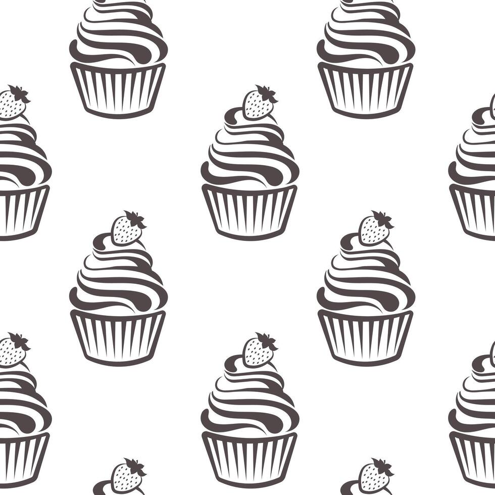 Seamless pattern, linear silhouettes of cupcakes, line art on a white background. Sweet desserts. Food background, vector
