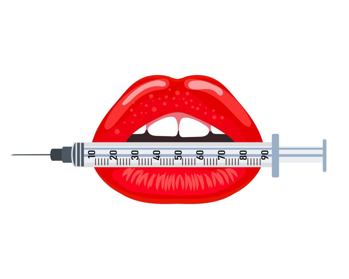 Lips holding a syringe. Beauty concept of lips, lip filler. Medical icon, cosmetology logo. Illustration, vector