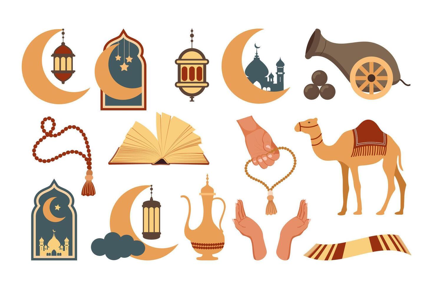 Set of icons of the Arabic Islamic holiday Ramadan. Set of icons of Islamic holiday, culture. Moon, camel, cannon, mosque, rosary, prayer book, lamp. Vector. vector