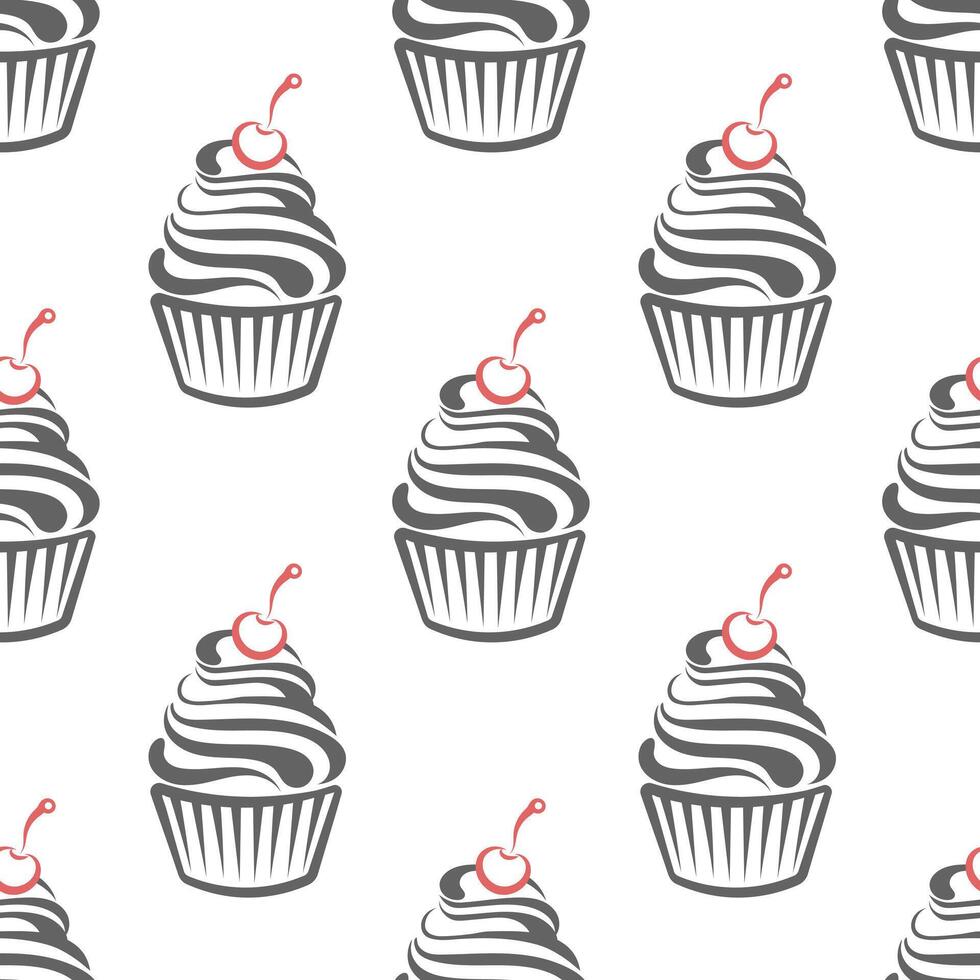 Seamless pattern, linear silhouettes of cupcakes, line art on a white background. Sweet desserts. Food background, vector