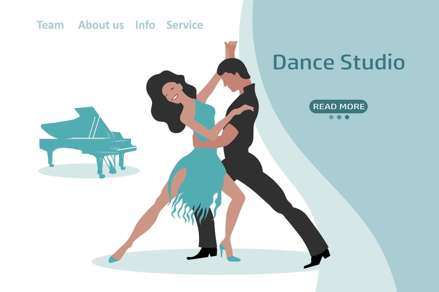 Elegant dancing couple and piano. Web banner, landing page for dance studio. Illustration, vector