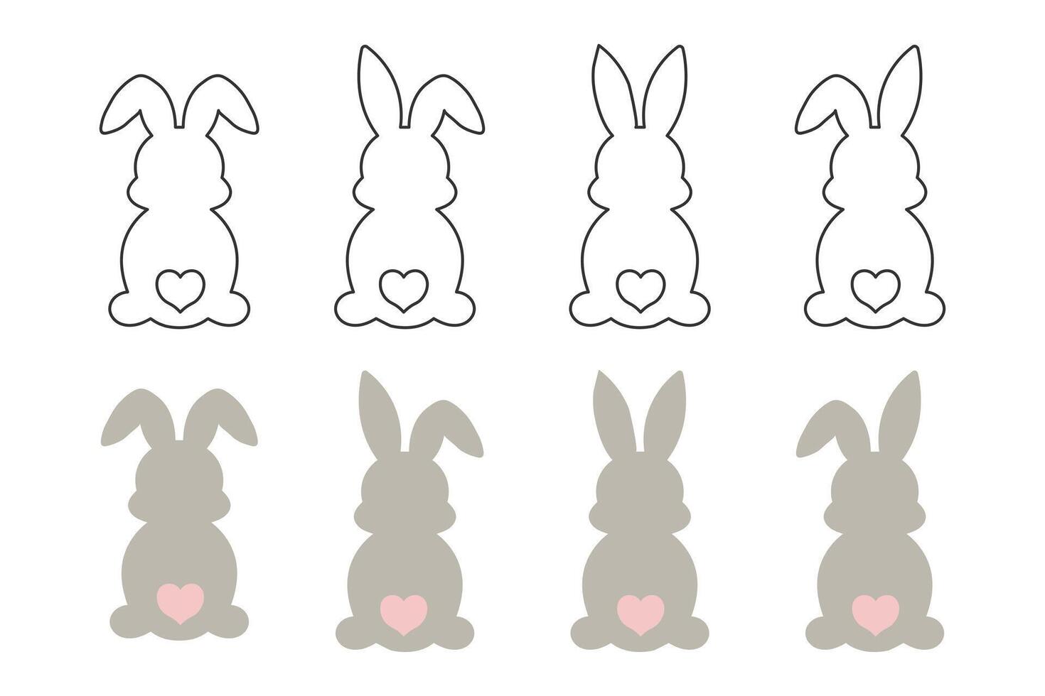 Set of cute Easter bunnies, contour and colored bunnies. Children's print, design elements. Vector