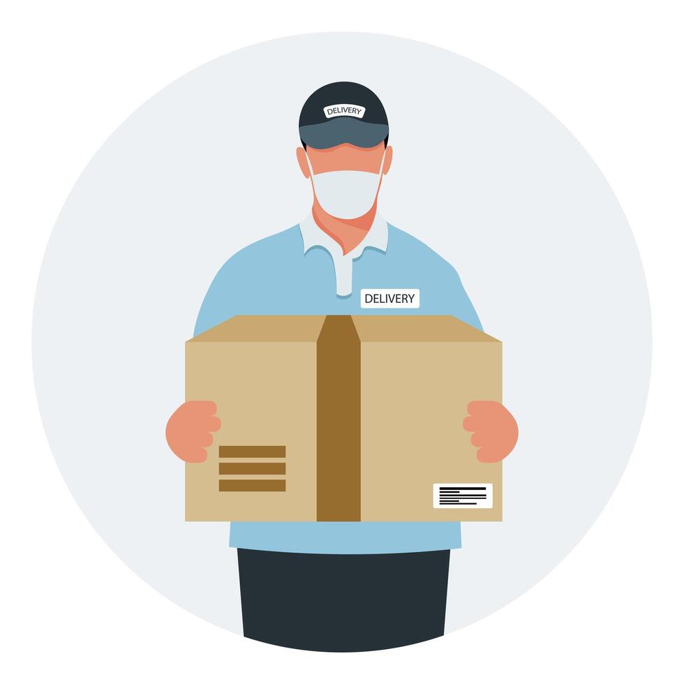 Delivery man in uniform with cardboard box. Illustration, vector