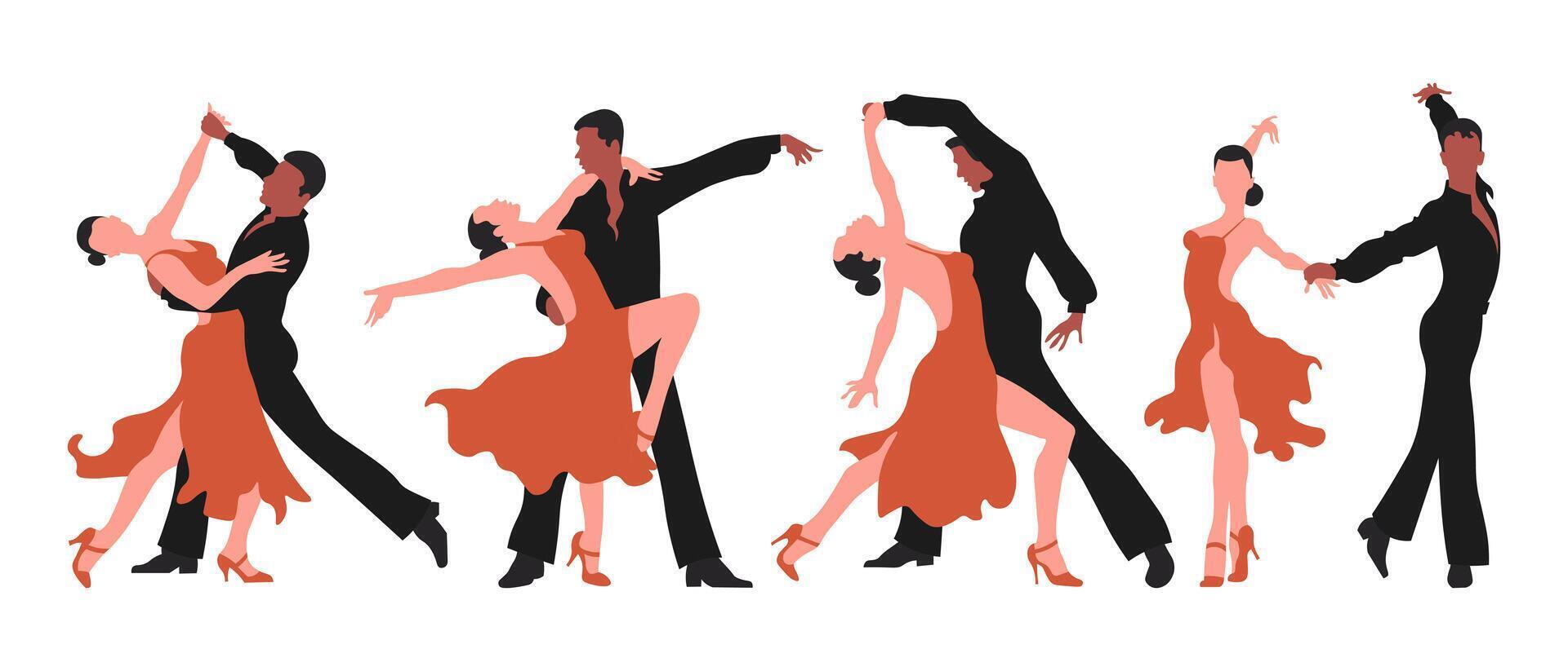 Dancing couples, clipart set. A man and a woman dance the tango. Illustration, vector