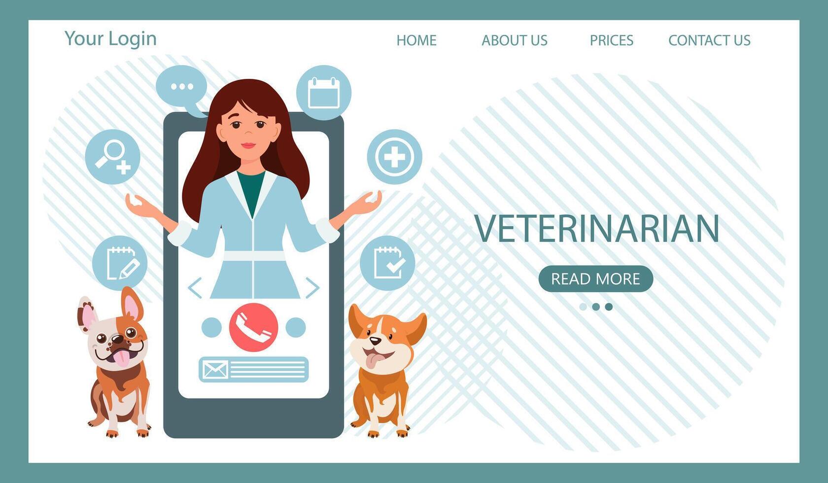 veterinario en línea. hembra veterinario en el teléfono y linda perro. animal salud bandera o aterrizaje página plantilla, plano estilo vector ilustración