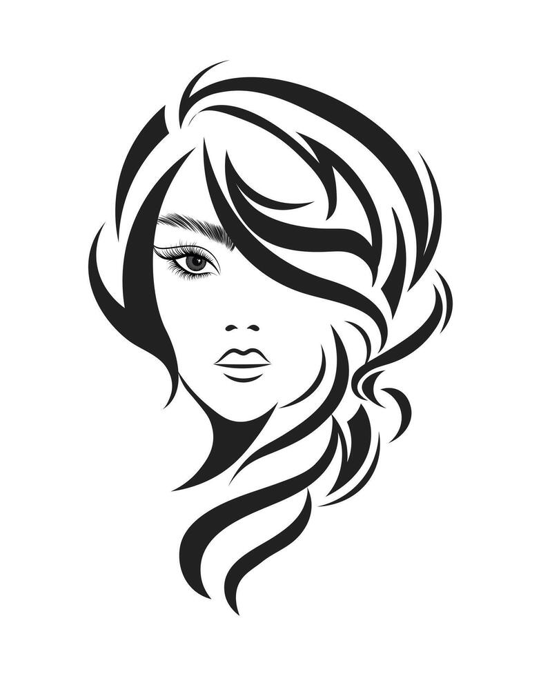 retrato de un hermosa mujer con largo cabello. negro y blanco silueta. belleza logo. Moda y belleza concepto. vector