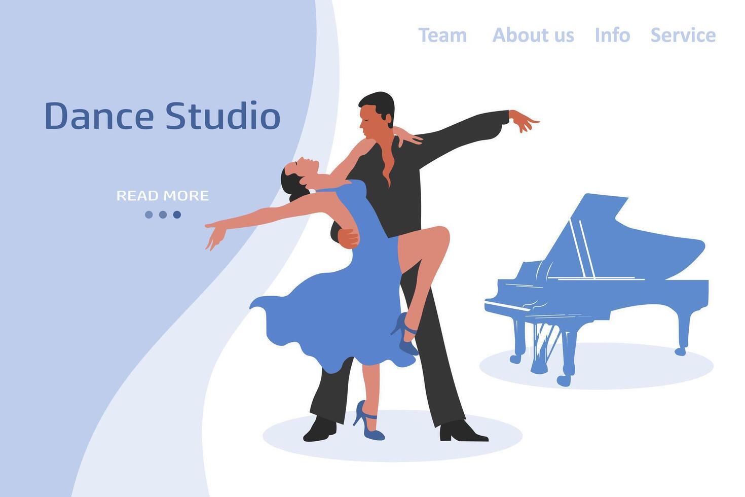 Elegant dancing couple and piano. Web banner, landing page for dance studio. Illustration, vector