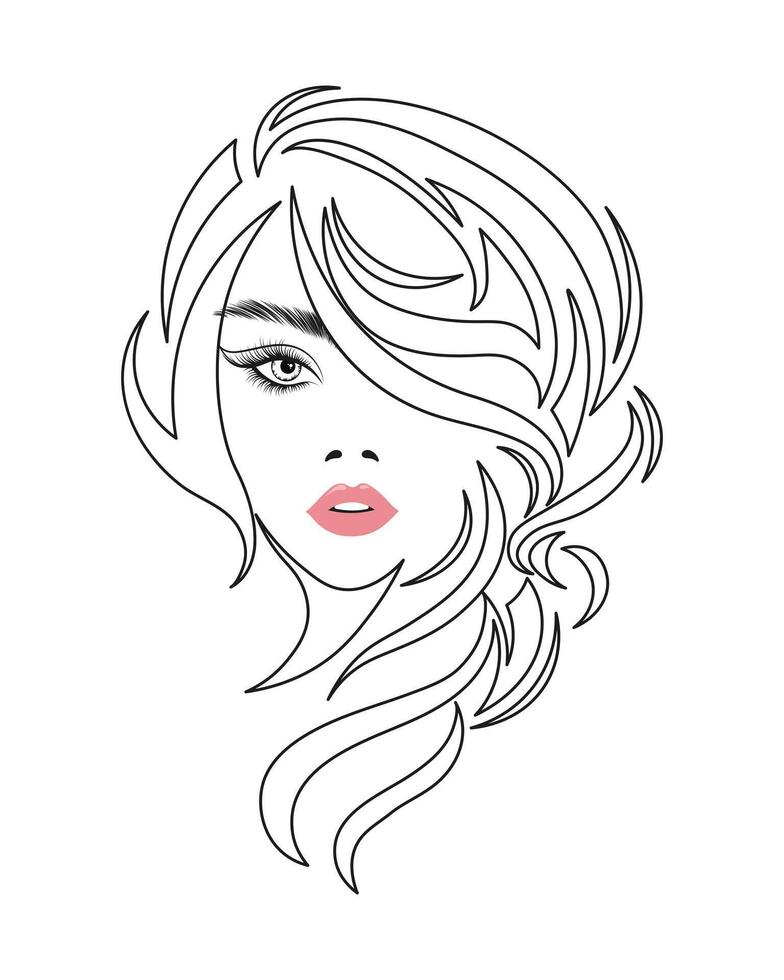 retrato de un hermosa mujer con largo cabello. negro y blanco silueta. belleza logo. Moda y belleza concepto. vector