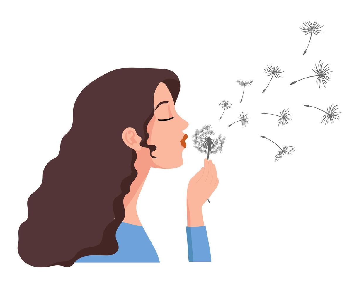 Girl with dandelion. Cute girl blows on a fluffy dandelion flower. Cartoon illustration, vector