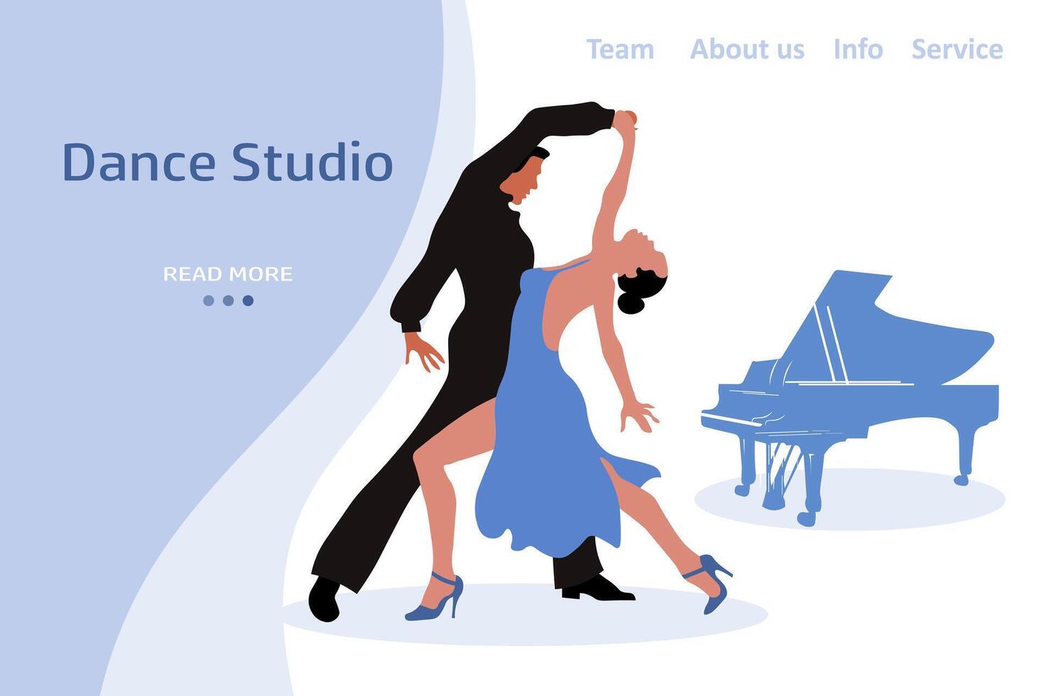 Elegant dancing couple and piano. Web banner, landing page for dance studio. Illustration, vector