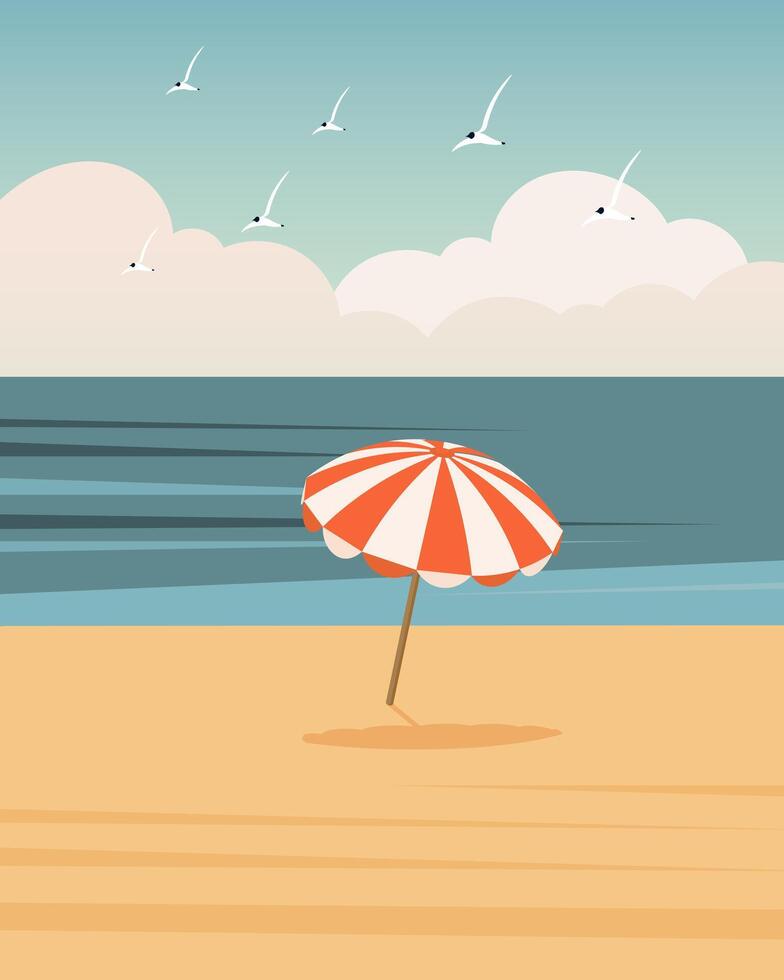 Seascape, colorful parasol on the sea beach. Summer illustration, vector