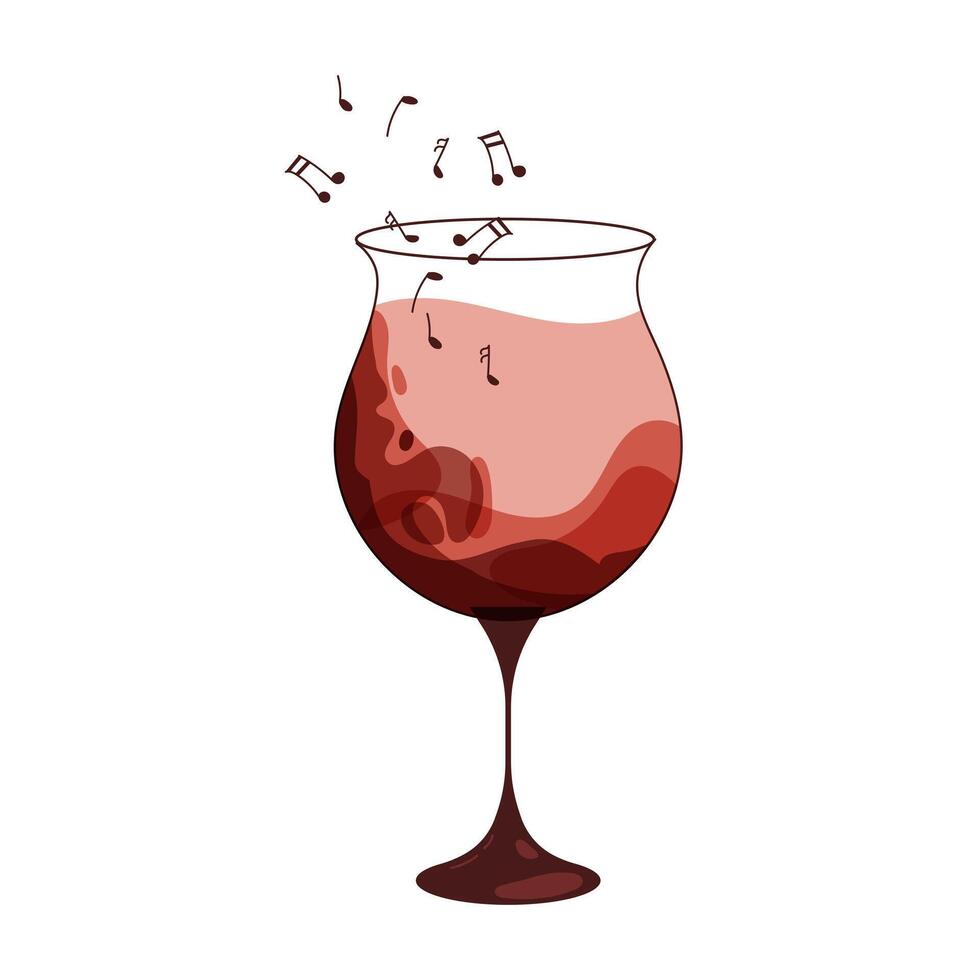 Glass with wine and musical notes, icon. Splashes of wine. Colorful illustration, vector