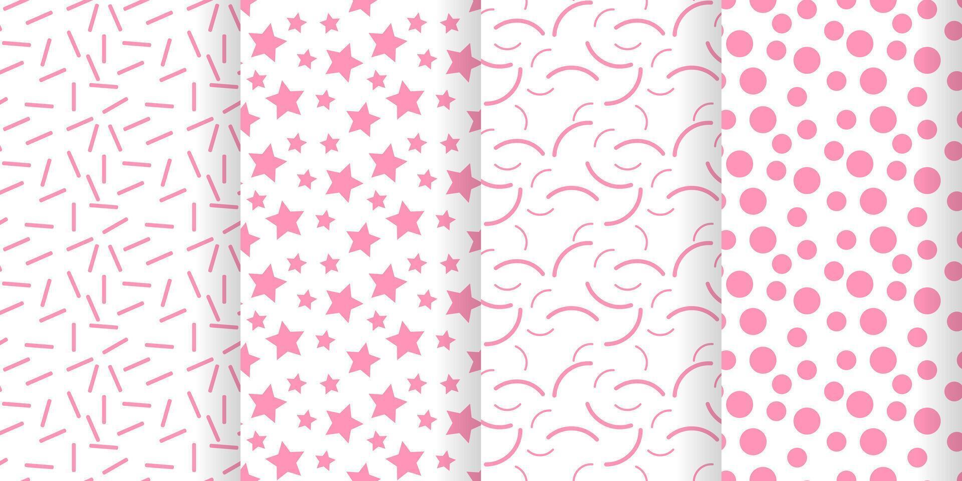 A set of simple seamless patterns with stars and dots in pink and white colors. Vector