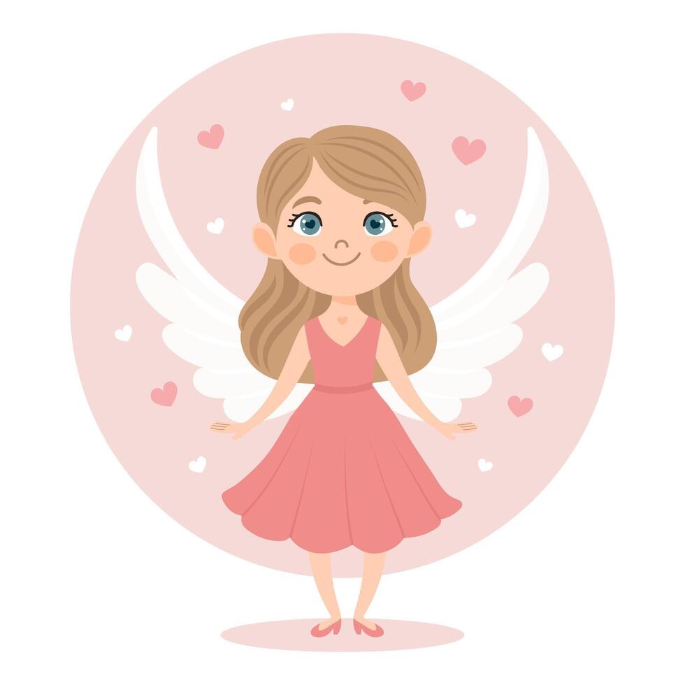 Cute girl cupid charact, angel girl. Valentine's Day card, pastel colors. Vector illustration in flat cartoon style