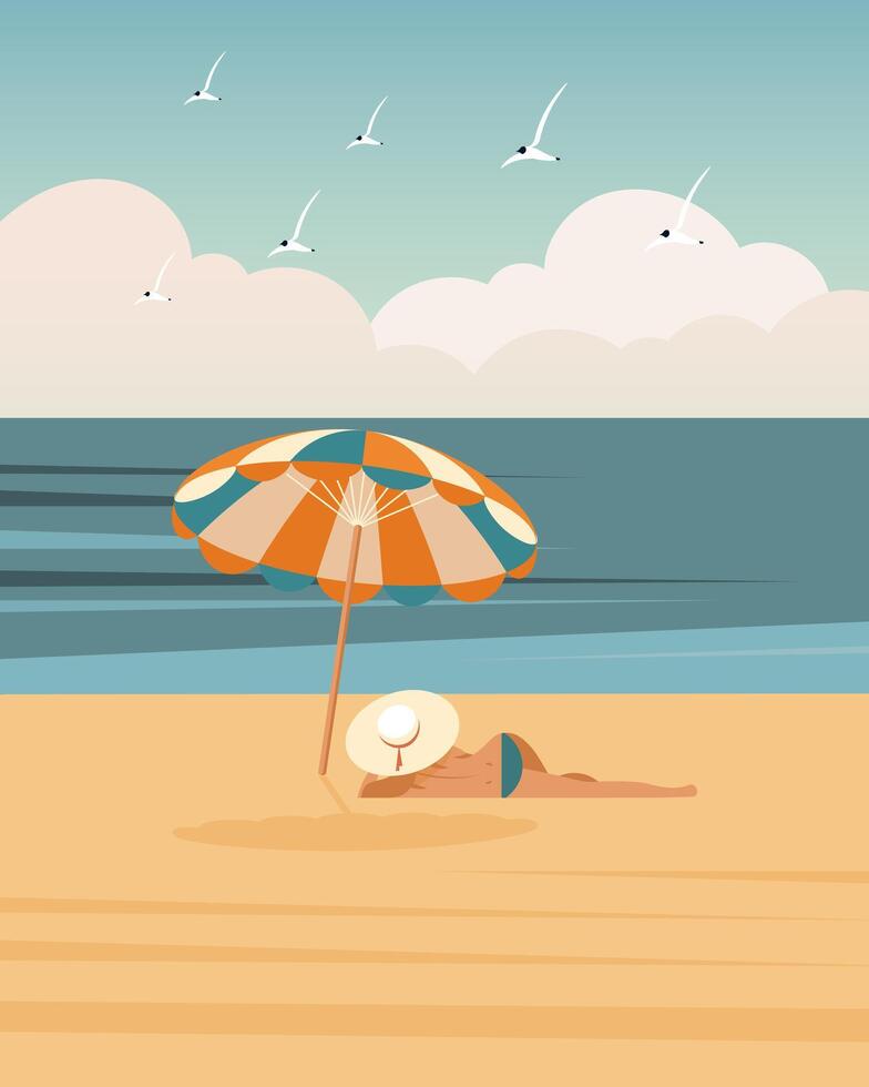 marina, joven mujer en un bikini debajo un paraguas en el mar playa. verano ilustración, vector