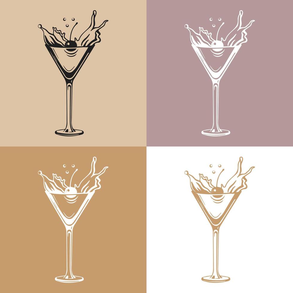 Glasses with cocktail, olives and cherries, linear icons set. Splash cocktails. Line art, vector