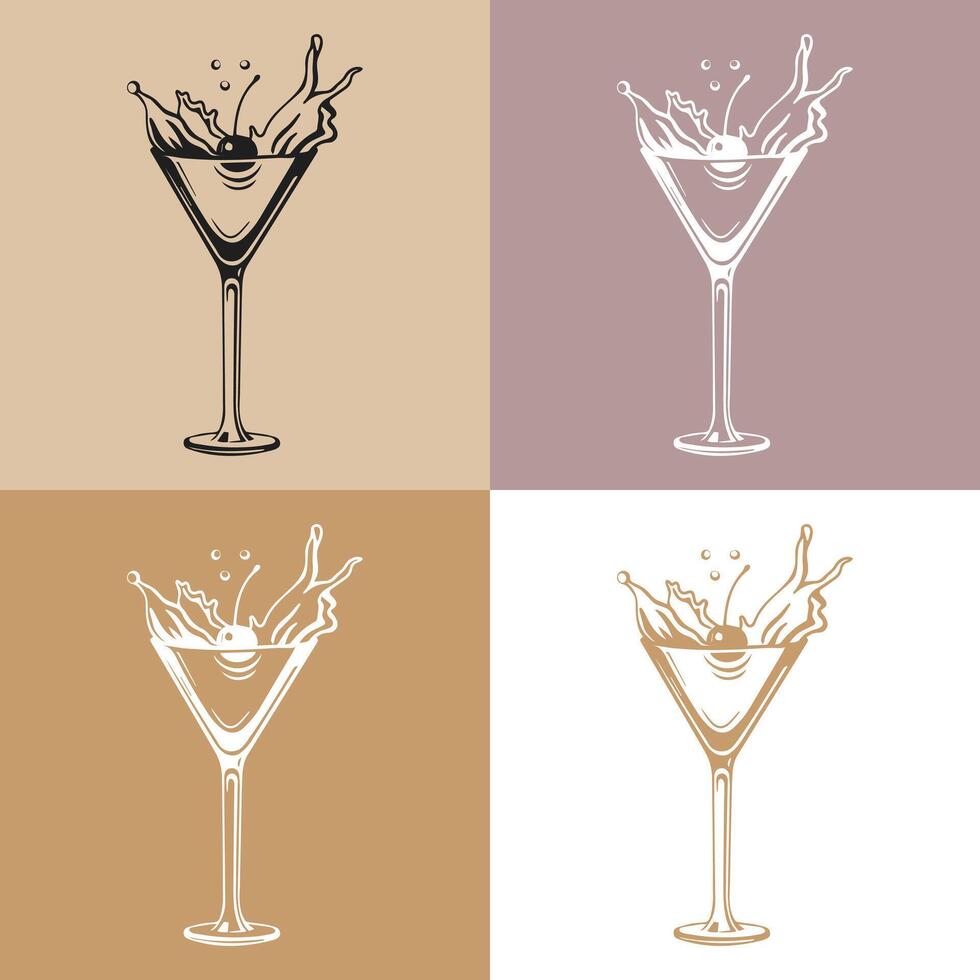 lentes con cóctel, aceitunas y cerezas, lineal íconos colocar. chapoteo cocteles línea arte, vector