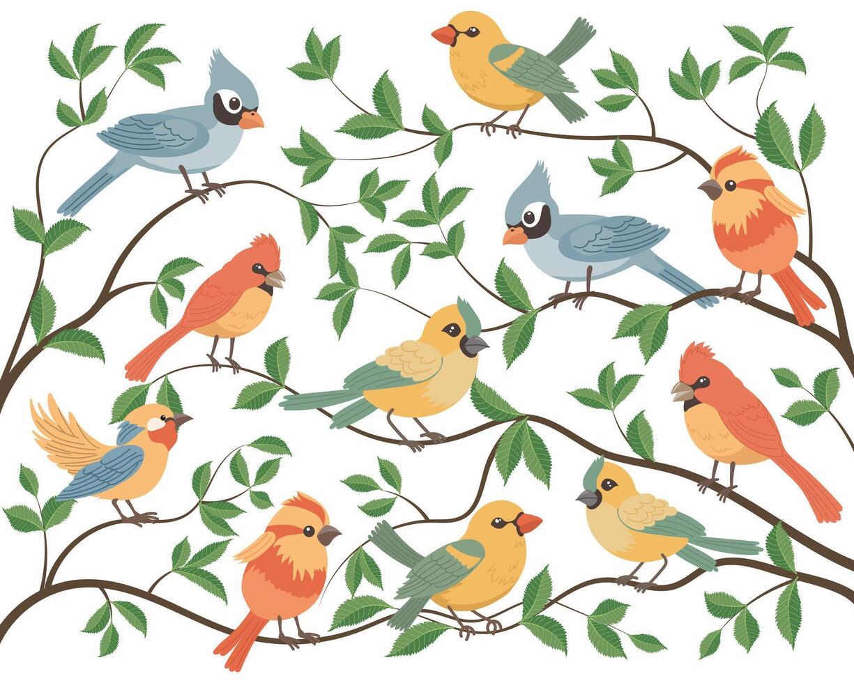 Set of cute bright birds sitting on tree branches. Set of various spring birds in nature. Spring illustration in flat cartoon style. Vector