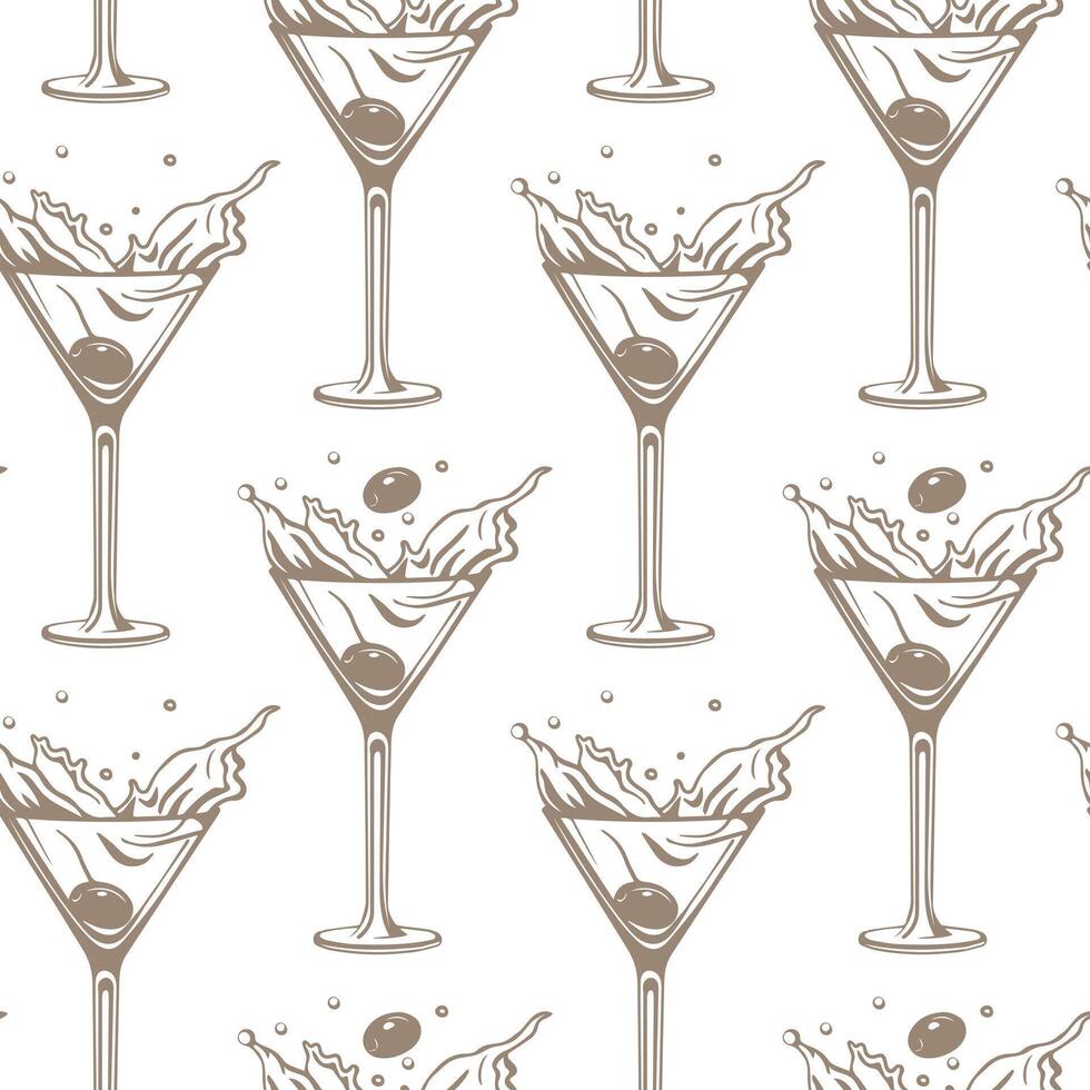 Seamless pattern, silhouettes of glasses with cocktail, olives and cherries. Splash of cocktails. Line art, vector