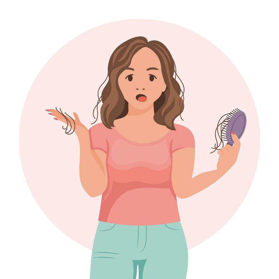 Woman with a comb in her hand. Hair loss, alopecia, hair problems, baldness. Illustration, vector