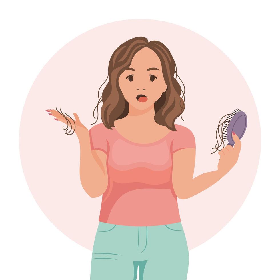 mujer con un peine en su mano. pelo pérdida, alopecia, pelo problemas, calvicie. ilustración, vector