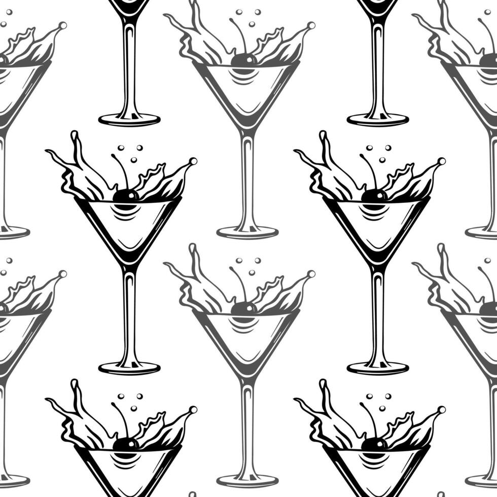 Seamless pattern, silhouettes of glasses with cocktail, olives and cherries. Splash of cocktails. Line art, vector