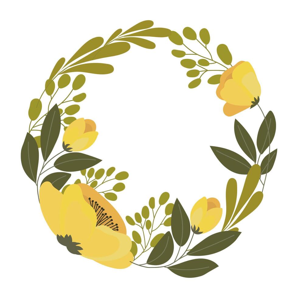 Frame of yellow poppies and tulips. Floral frame for wedding, mother's day. Illustration, vector. vector