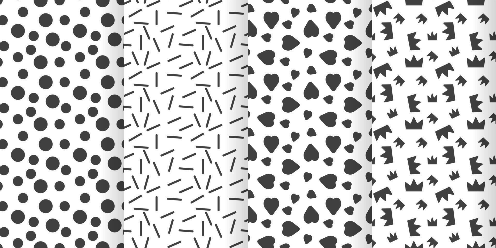 Set of simple seamless patterns with hearts and dots in gray and white colors. Vector
