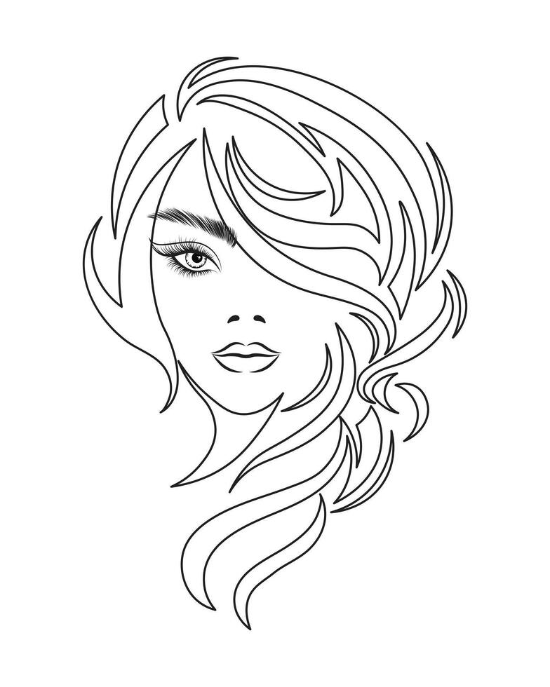 Line art, contour drawing of a beautiful woman with long hair. Beauty logo. Fashion and beauty concept. Vector