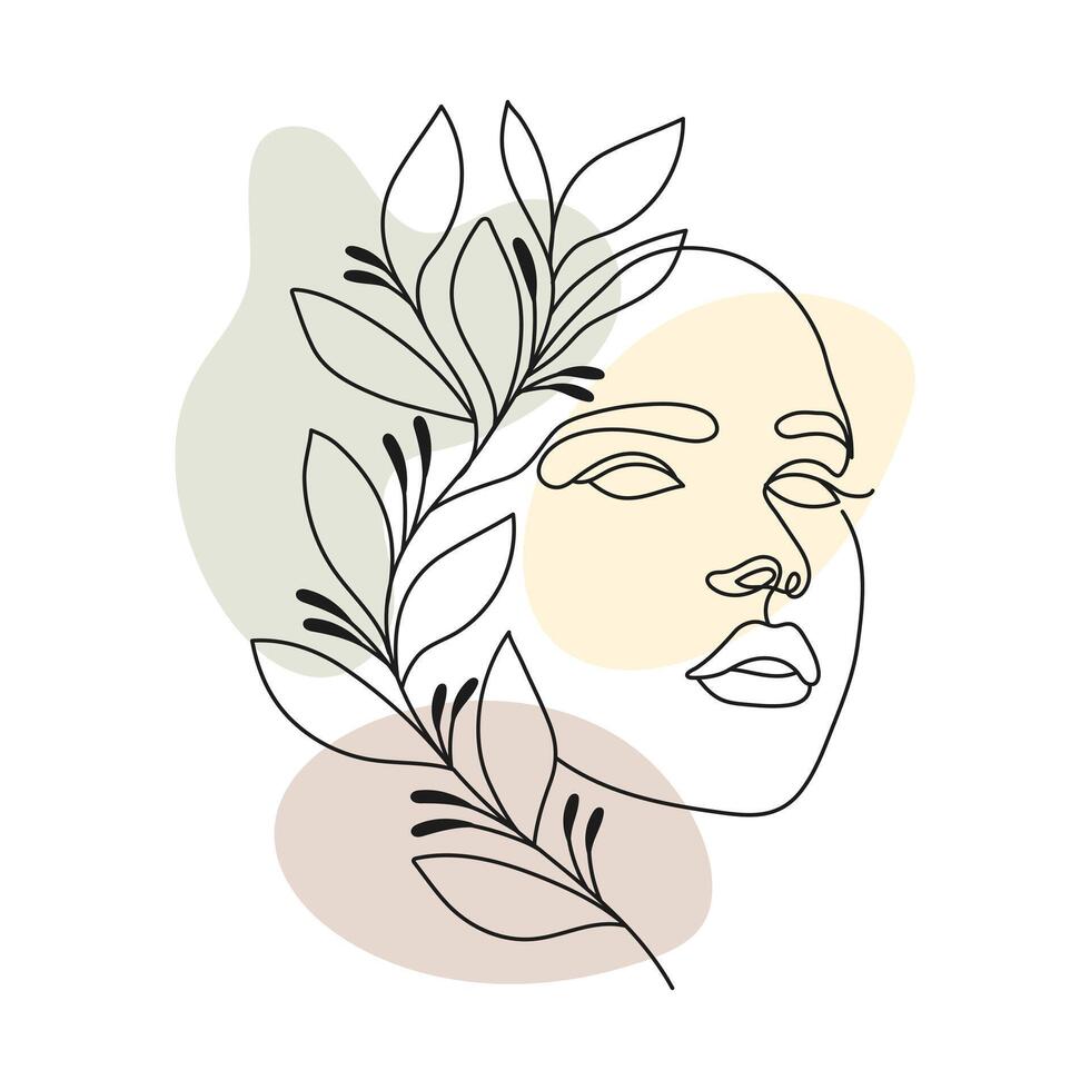 Portrait of a woman with flowers, line art. Contour illustration with the addition of colored spots. Postcard, poster, vector