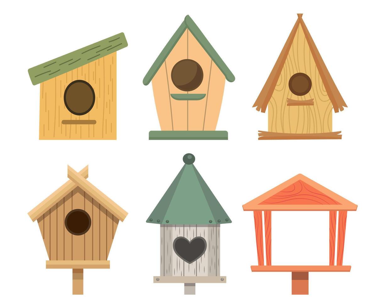 Set of cute birdhouses. Various wooden houses for birds. Spring icons in flat cartoon style. Vector