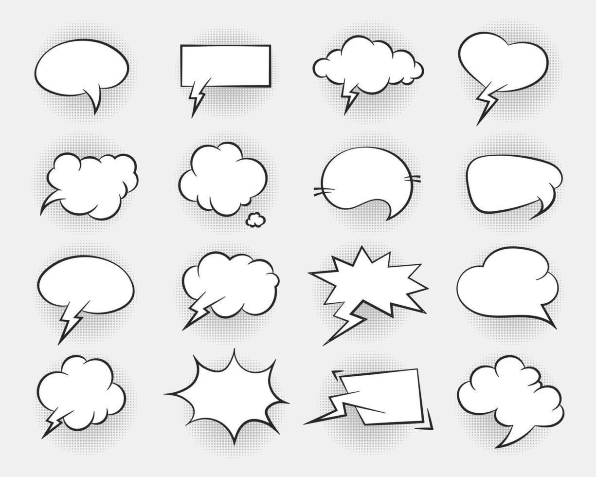 Set of comic speech bubbles. Retro empty comic bubbles with black halftone shadows. Vintage design, pop art style. Vector