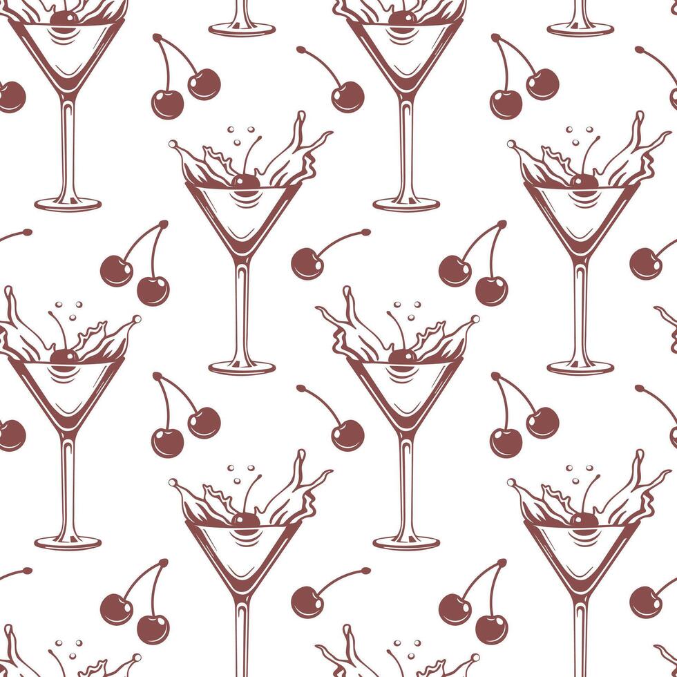 Seamless pattern, silhouettes of glasses with cocktail, olives and cherries. Splash of cocktails. Line art, vector