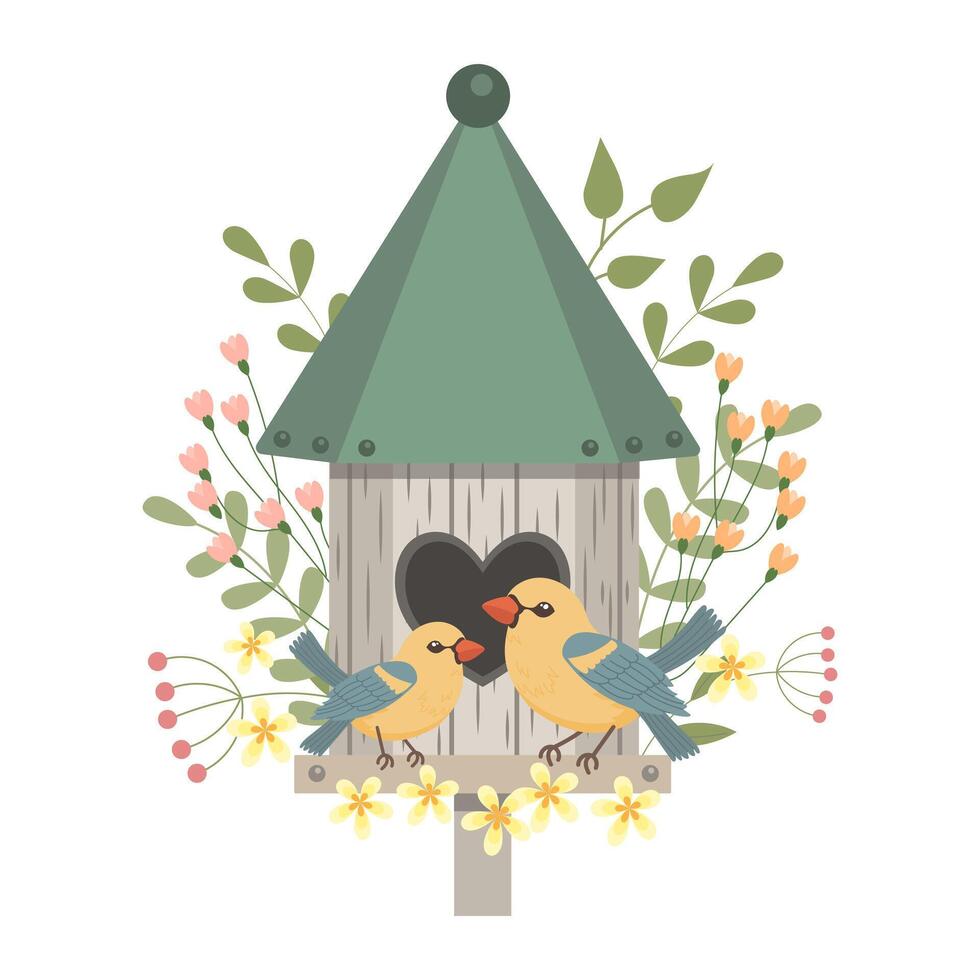 Cute birdhouse with birds, decorated with flowers and leaves. Spring clip art in flat cartoon style. Spring holiday illustration. Vector