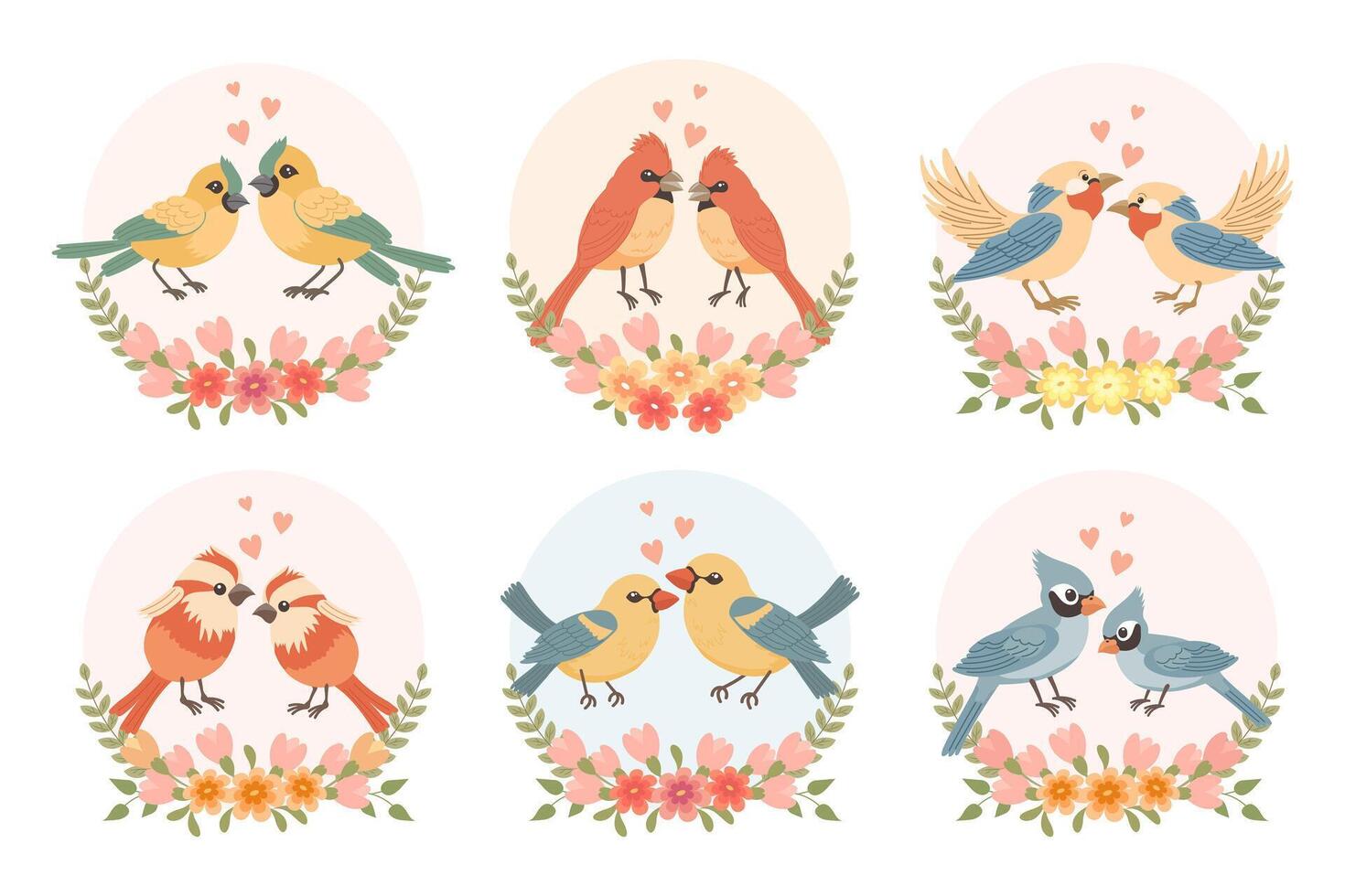 Cute cartoon love birds in spring flower frame. Set of greeting cards, invitation cards for wedding, birthday. Vector
