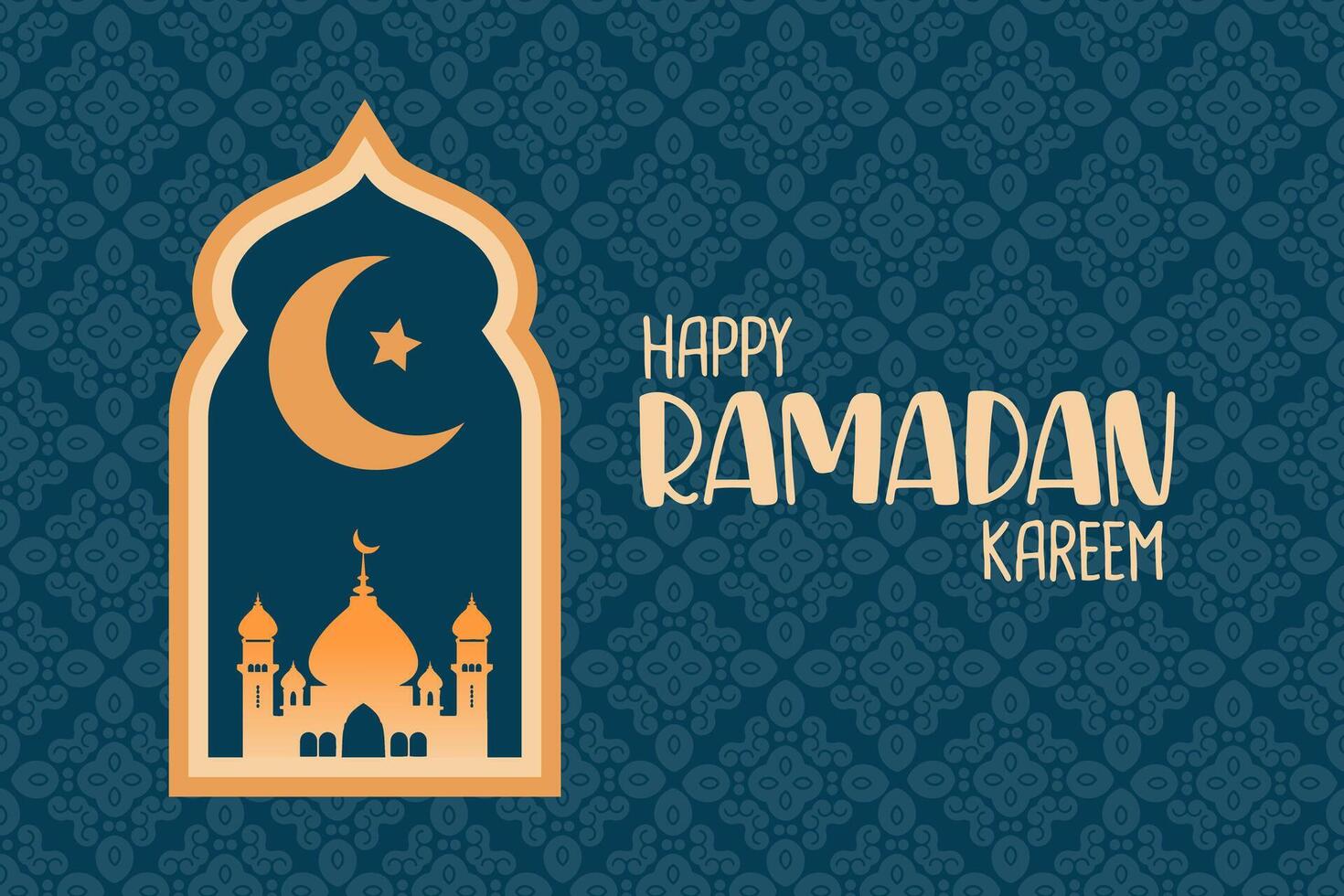 Ramadan Kareem poster with mosque and moon in the window. Islamic greeting card, holiday cover, banner template. Vector