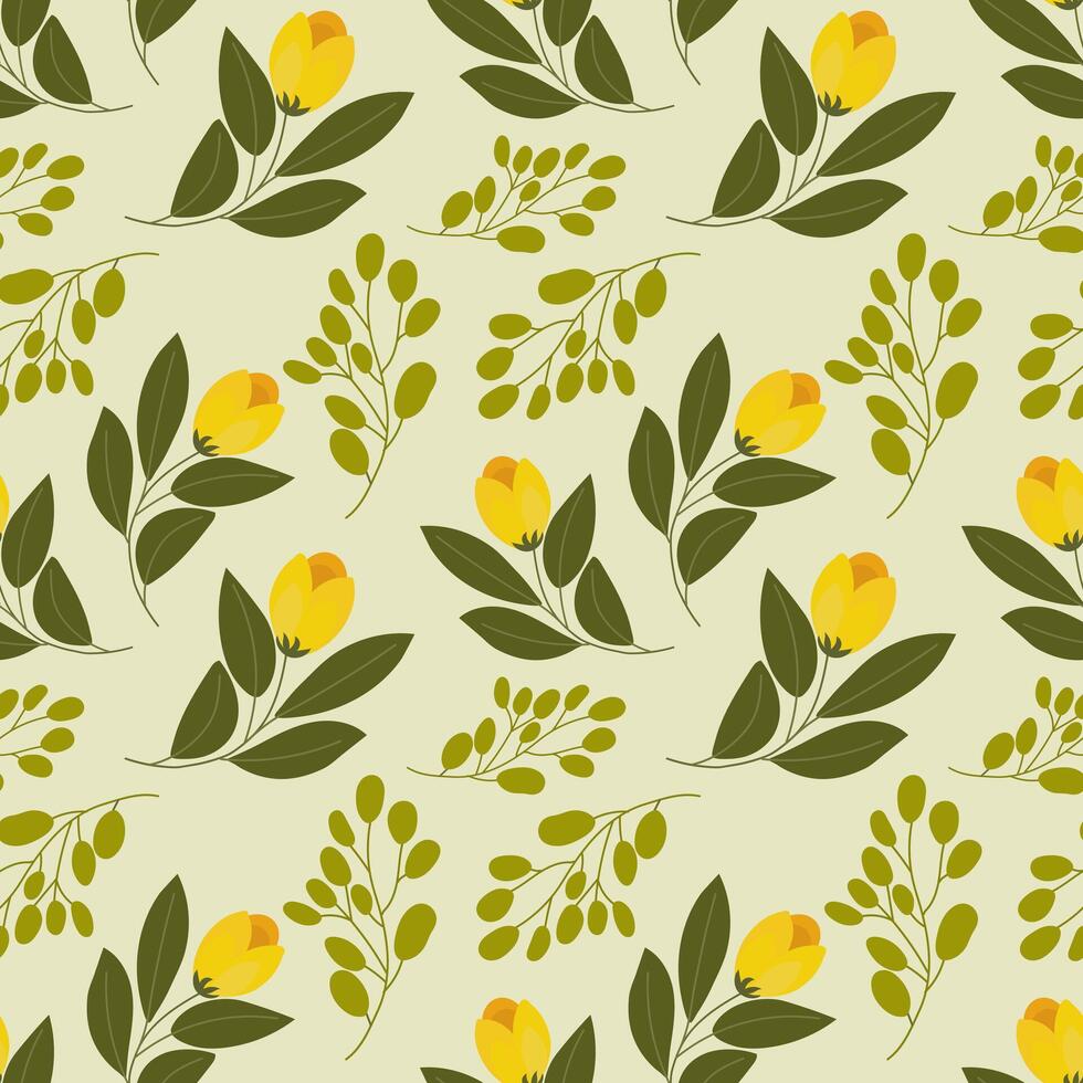 Seamless pattern, yellow tulip flowers and twigs with leaves on a light green background. Floral background, textile, vector. vector
