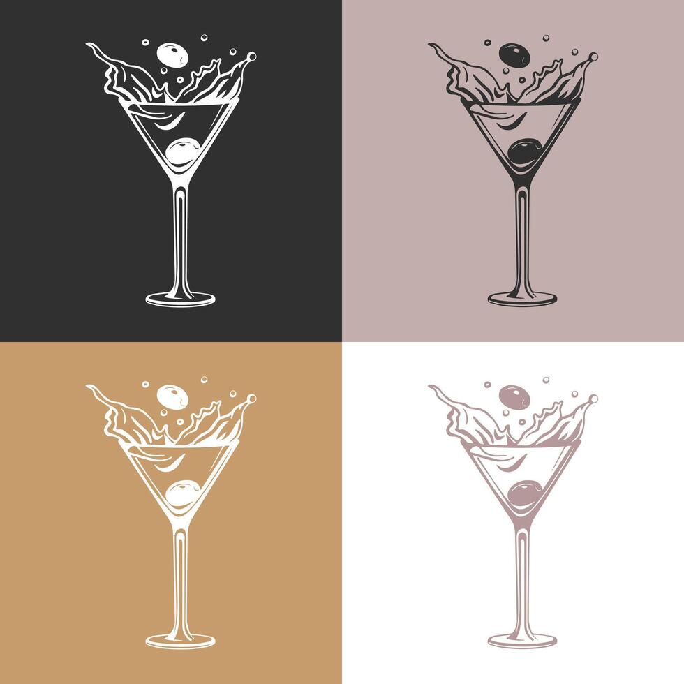 Glasses with cocktail, olives and cherries, linear icons set. Splash cocktails. Line art, vector