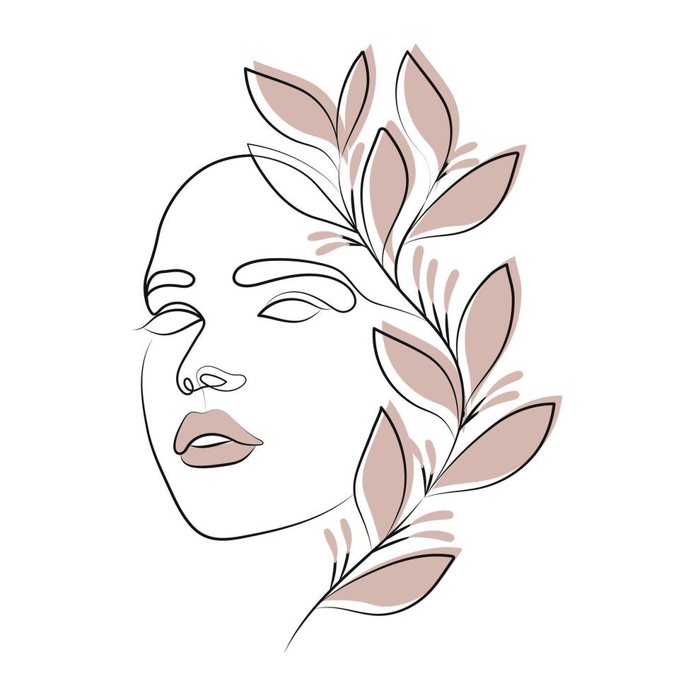 Portrait of a woman with flowers, line art. Contour illustration with the addition of colored spots. Postcard, poster, vector