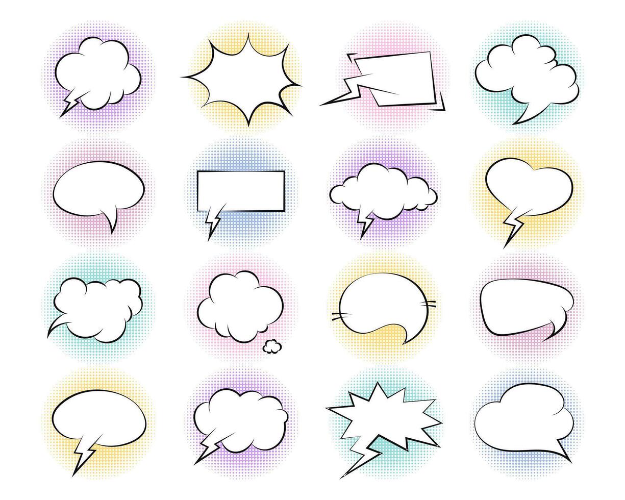 Set of comic speech bubbles. Retro empty comic bubbles with black halftone shadows. Vintage design, pop art style. Vector