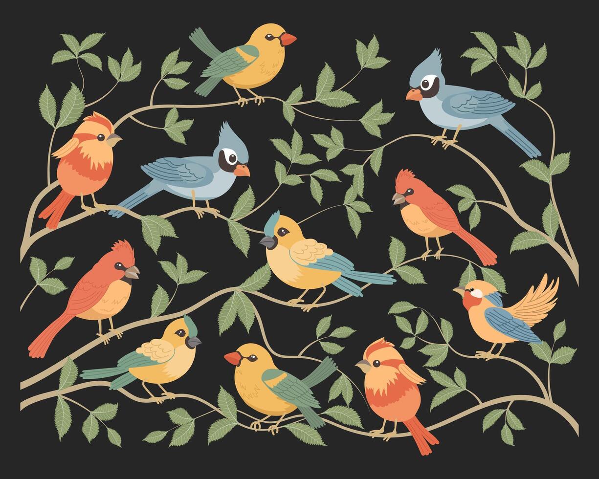 Set of cute bright birds sitting on tree branches. Set of various spring birds in nature. Spring illustration in flat cartoon style. Vector