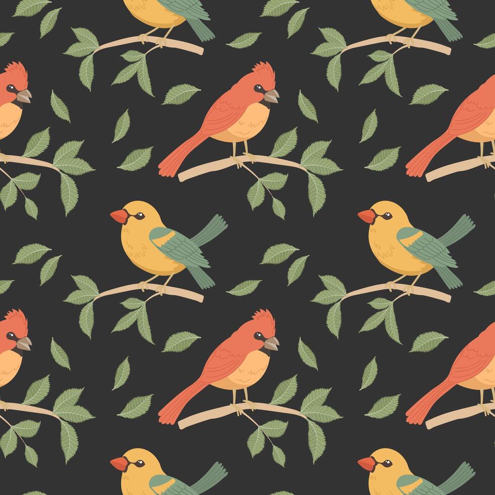 Seamless pattern, cute bright birds on tree branches on a dark background. Spring illustration in flat cartoon style. Vector